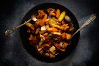 A plate of roasted vegetables, a vegetarian's dream!