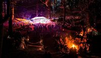 Magical night scene at Into the Wild Festival, entrance marked with fairy lights, communal campfire warming those around, bunting leading to a well lit festival marquee with festival goers seated enjoying the evening lights under the trees.