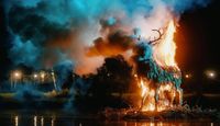 Large burning stag sculpture surrounded by coloured smoke at night during Lost Village Festival, reflected in the water below.