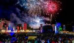 Firework display over the main stage at Beautiful Days Festival.