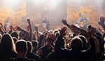 Crowd raising their hands during a brightly lit live folk performance