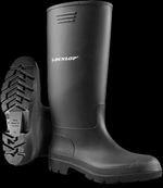 Pair of black Dunlop unisex wellington boots on a plain background.