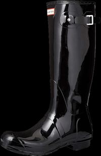 Image of Hunter Women's Wellington boots, they are tall and glossy and black.