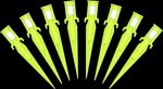 Set of yellow Hylite LED tent pegs glowing arranged in a semi-circle.