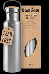 Silver stainless steel Bambaw water bottle with tag saying Lead Free.