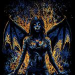 Stylised blue, orange and black illustration of a woman kneeling in front of wing-like forms and branching shapes.