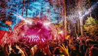 Best-herder Festival under the trees, beams of light shining onto crystal balls reflecting on confetti, producing electric atmosphere.