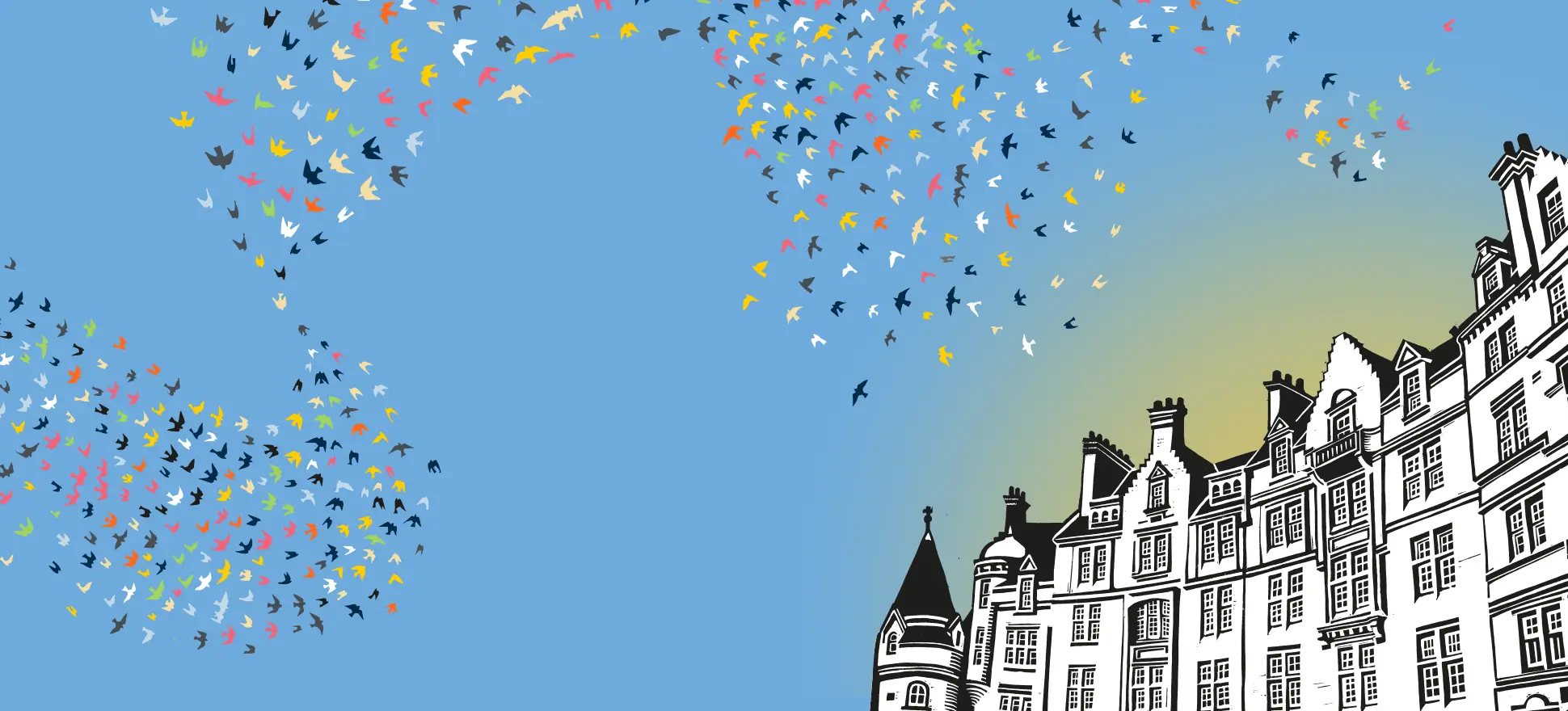 Illustration of Edinburgh sky-line with birds flying.