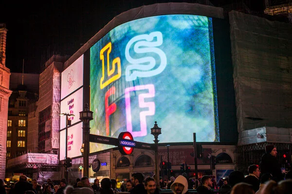 LSFF logo appearing on the Piccadilly Circus light banner.